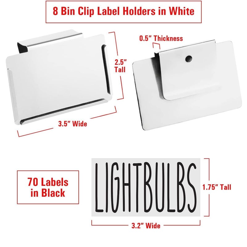Talented Kitchen Storage Bin Label Holder Set - Easy-On Clip-On Tags for Storage Bins - 70 Preprinted Pantry Labels for Containers & Baskets - 8-Pack, 3.5" x 2.5", White - Image 4